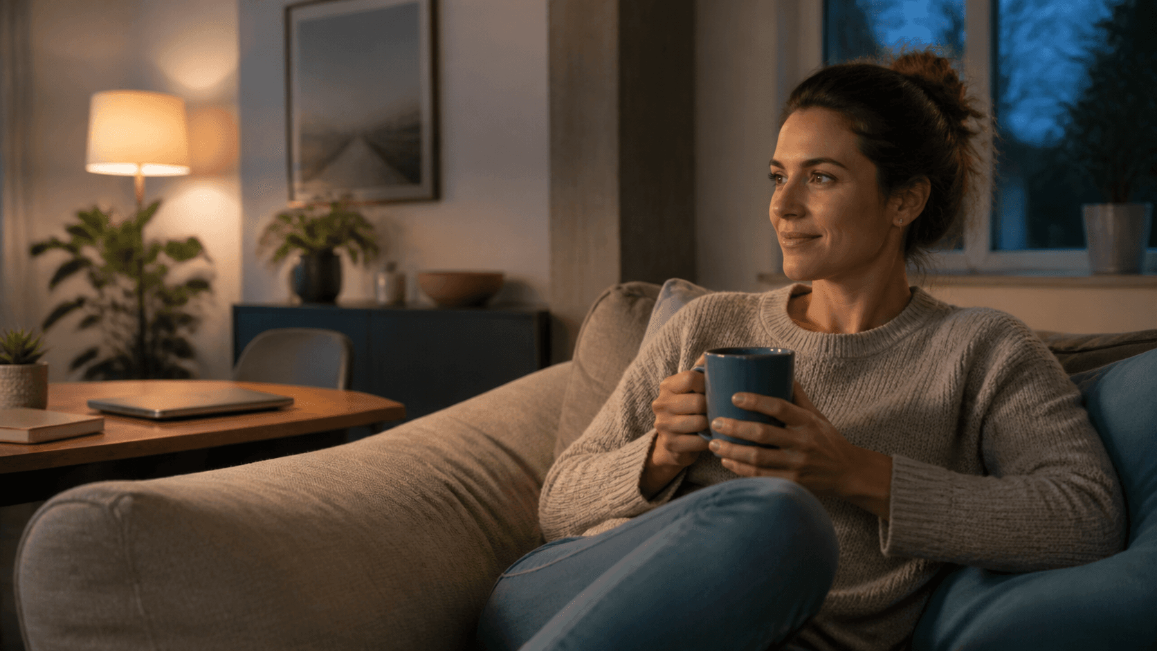 Eine Frau sitzt abends mit einer Tasse auf dem Sofa, während ihr Laptop geschlossen auf dem Tisch liegt
