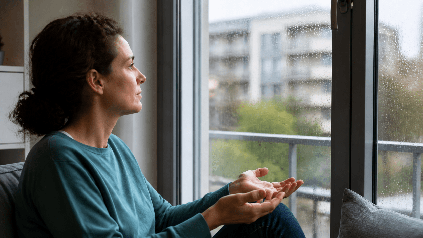 Eine Frau sitzt ruhig an einem regnerischen Fenster
