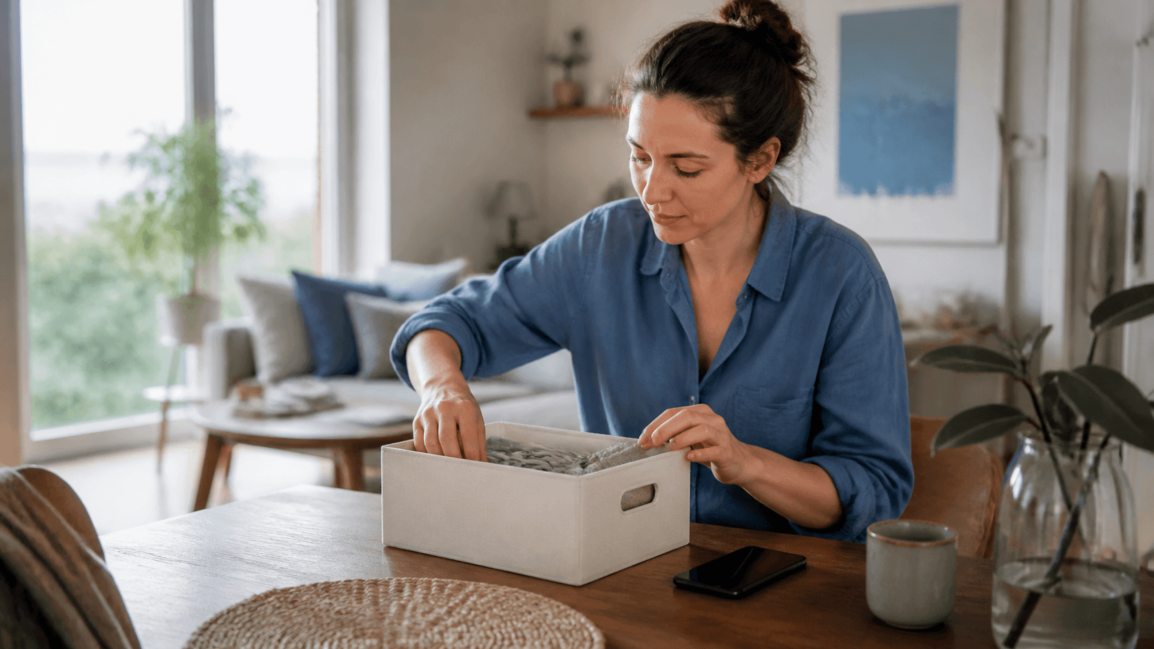 Eine Frau beginnt, eine kleine Aufbewahrungsbox zu ordnen, während ihr Handy beiseite liegt