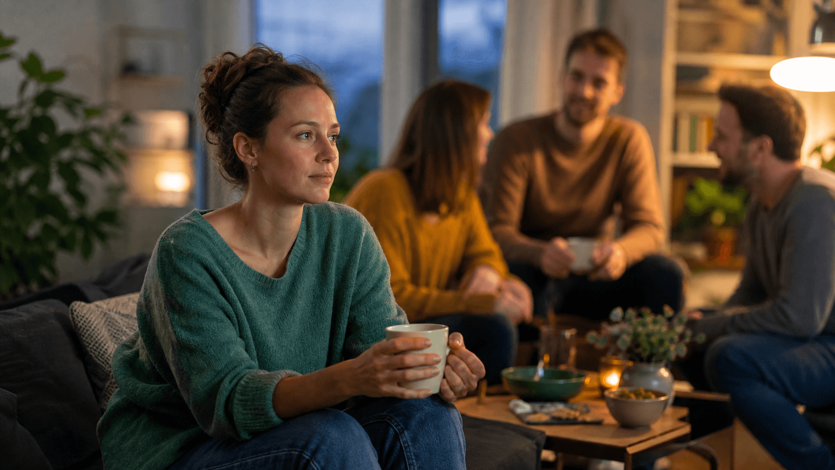 Eine nachdenkliche Frau sitzt bei einem kleinen Treffen, während sich andere Menschen im Hintergrund unterhalten