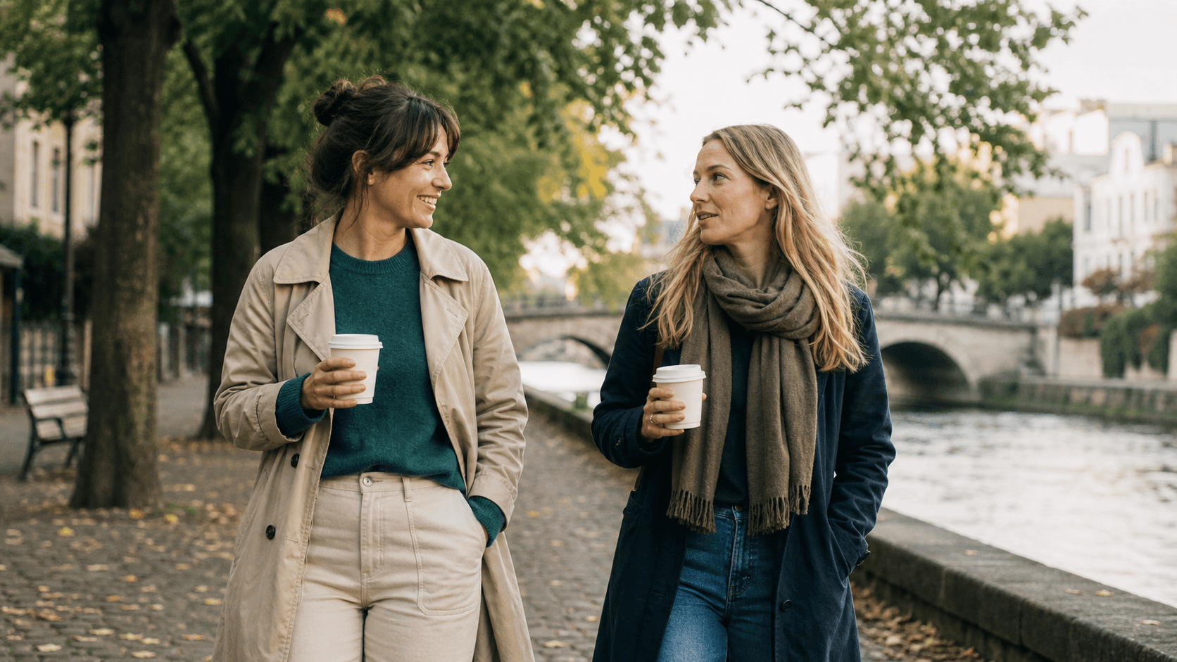 Zwei Freundinnen gehen mit Kaffee an einem Fluss entlang und unterhalten sich