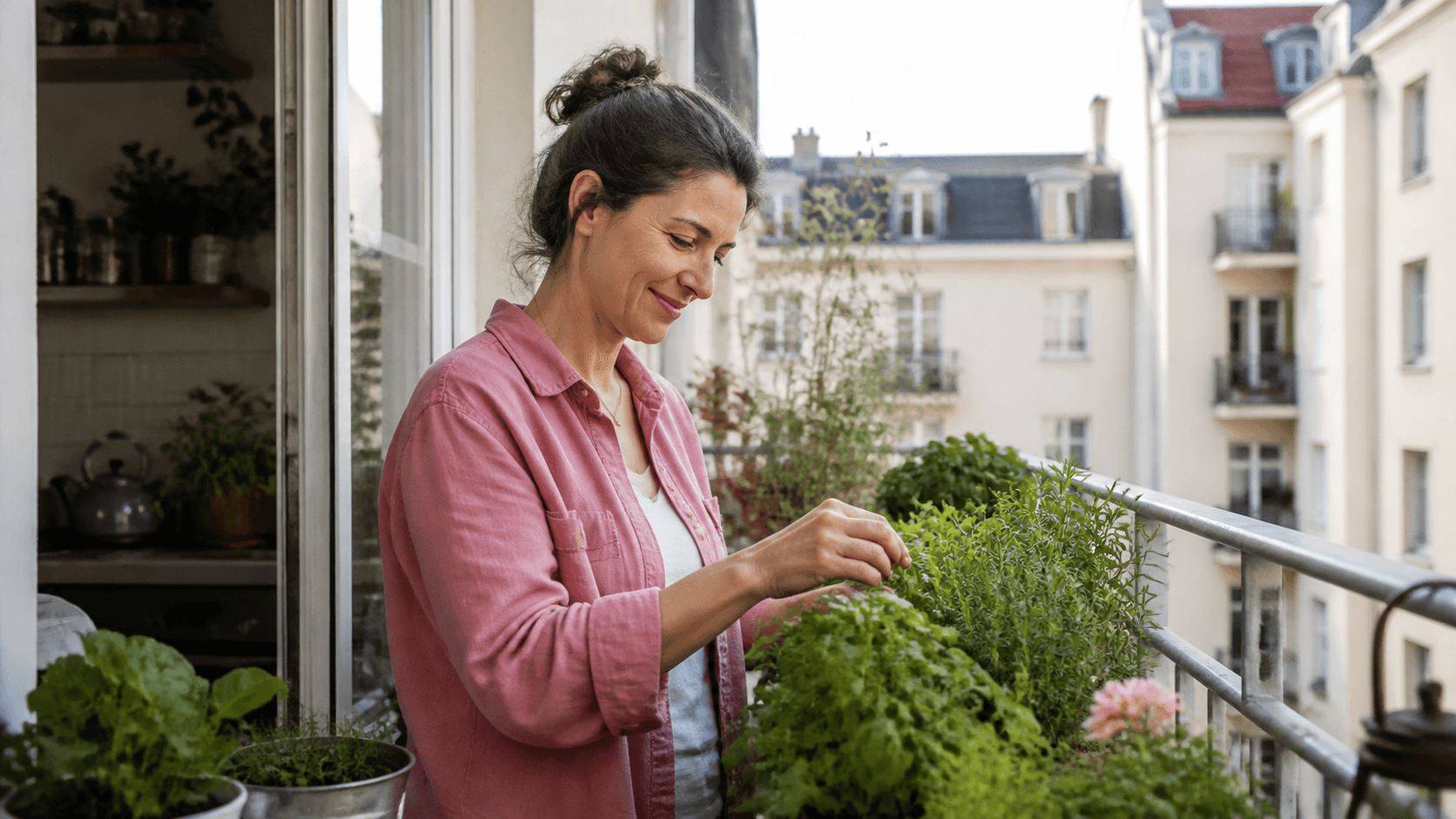 Eine Frau betrachtet lächelnd frische Kräuter auf ihrem Balkon