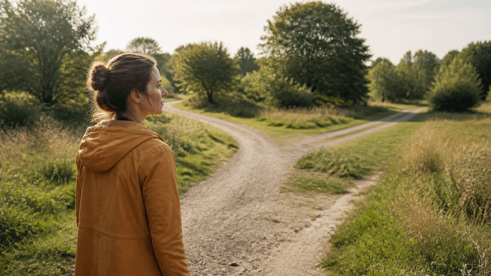 Eine Frau steht nachdenklich vor einer ruhigen Weggabelung im Grünen