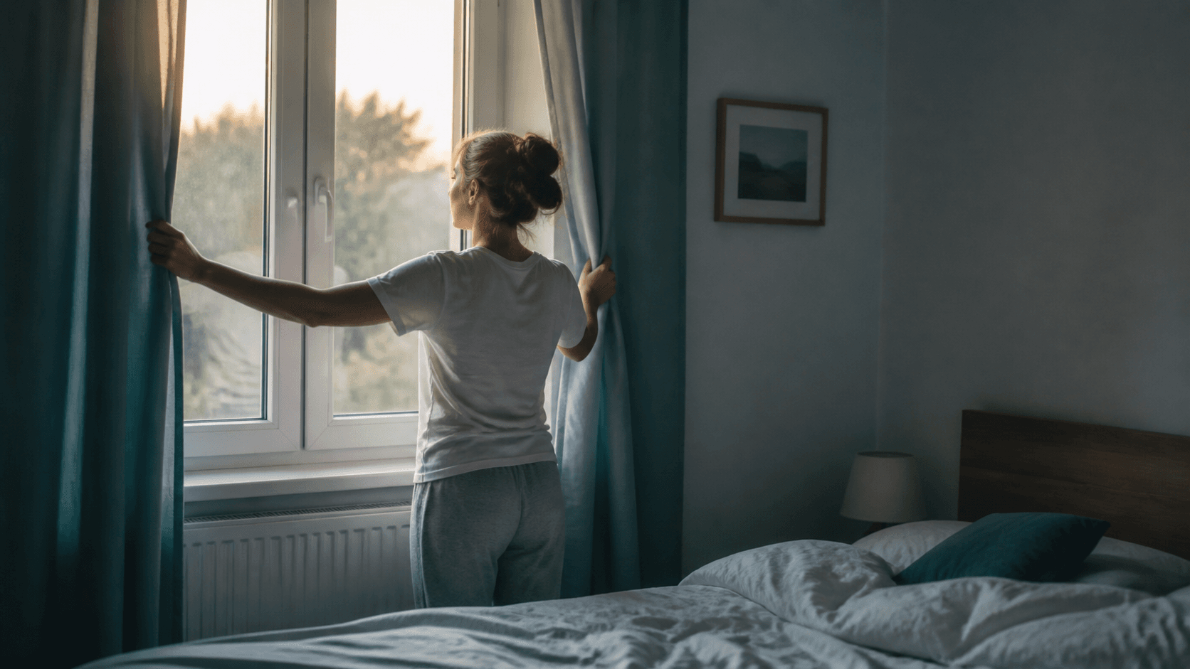 Eine Frau öffnet am frühen Morgen die Vorhänge ihres Schlafzimmers