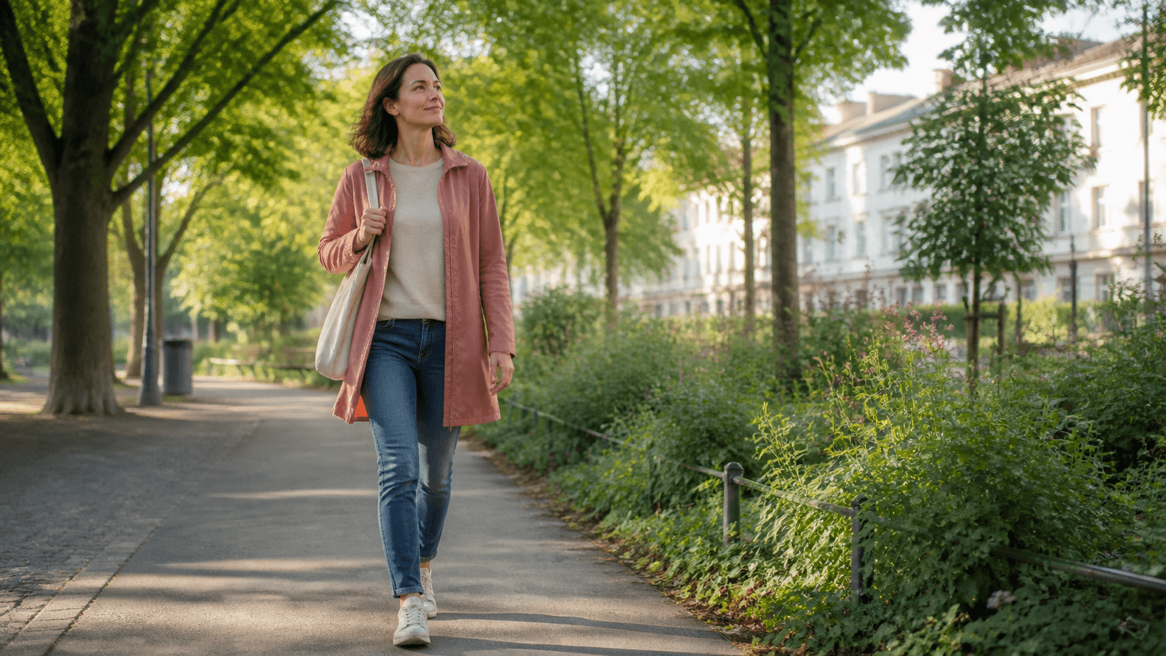Eine Frau geht an einem hellen Morgen entspannt durch einen grünen Stadtpark