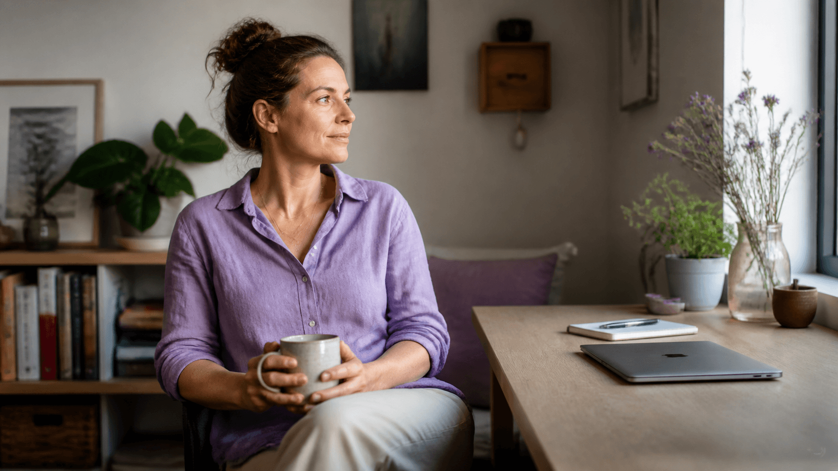 Eine Frau sitzt mit einer Tasse neben ihrem geschlossenen Laptop und blickt ruhig aus dem Fenster